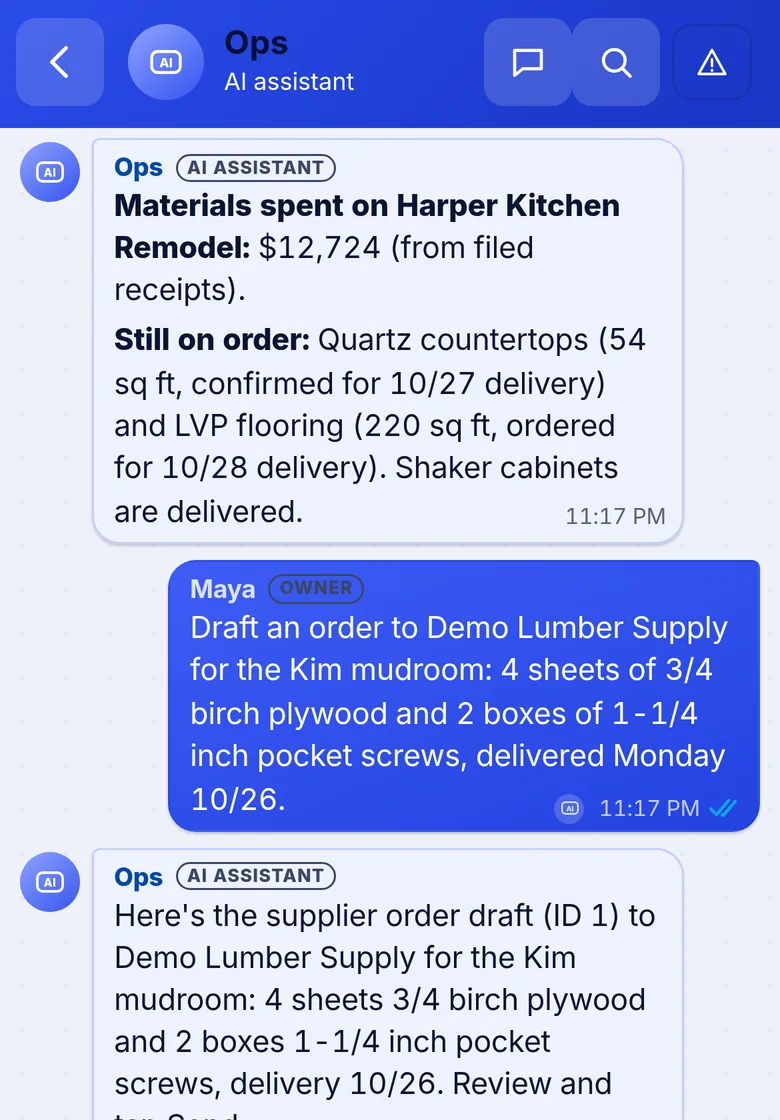 Banay OS AI assistant answering a materials question and drafting a supplier order (sample data)