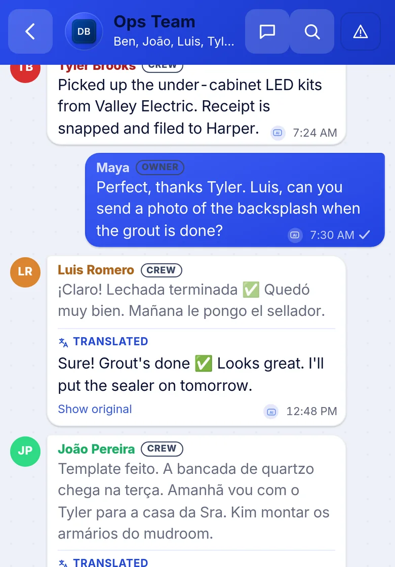 Banay OS team chat with messages translated between English, Portuguese and Spanish (sample data)