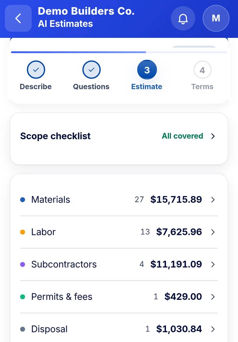 Banay OS AI estimate with the cost breakdown by category (sample data)