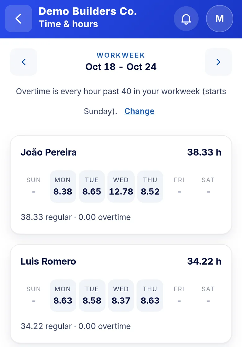 Banay OS time and hours screen with crew hours by day (sample data)
