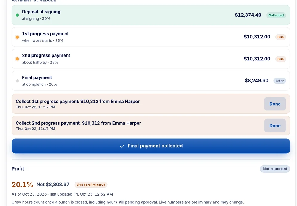 Banay OS job page with the payment schedule and a live preliminary profit of 20.1 percent (sample data)