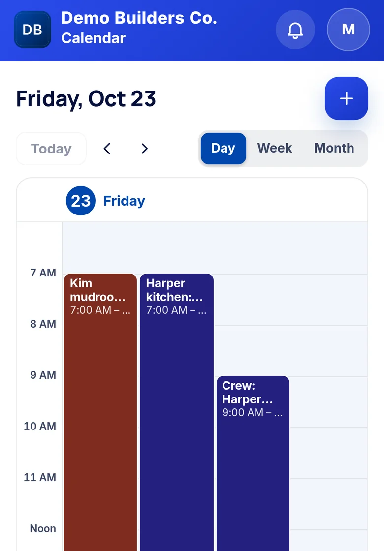 Banay OS company calendar in day view with crew bookings (sample data)